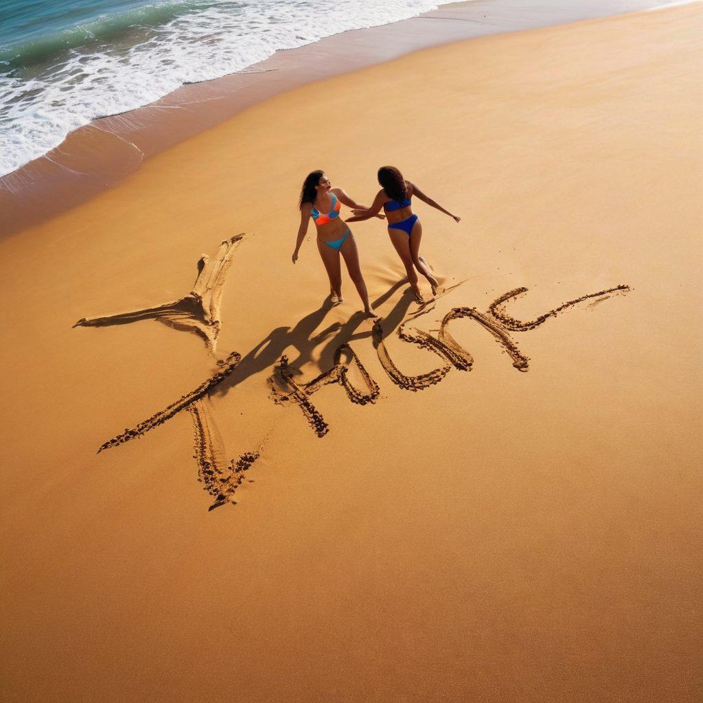 A confident, diverse group of women in vibrant bikinis engaging in a joyful outdoor training session on a sunny beach, showcasing various body types and embracing their individuality. The background features bright blue ocean waves and a clear sky, emphasizing positivity and self-love. Include motivational words like 'Embrace' and 'Strength' artistically integrated into the sand. vibrant colors. super-realistic.