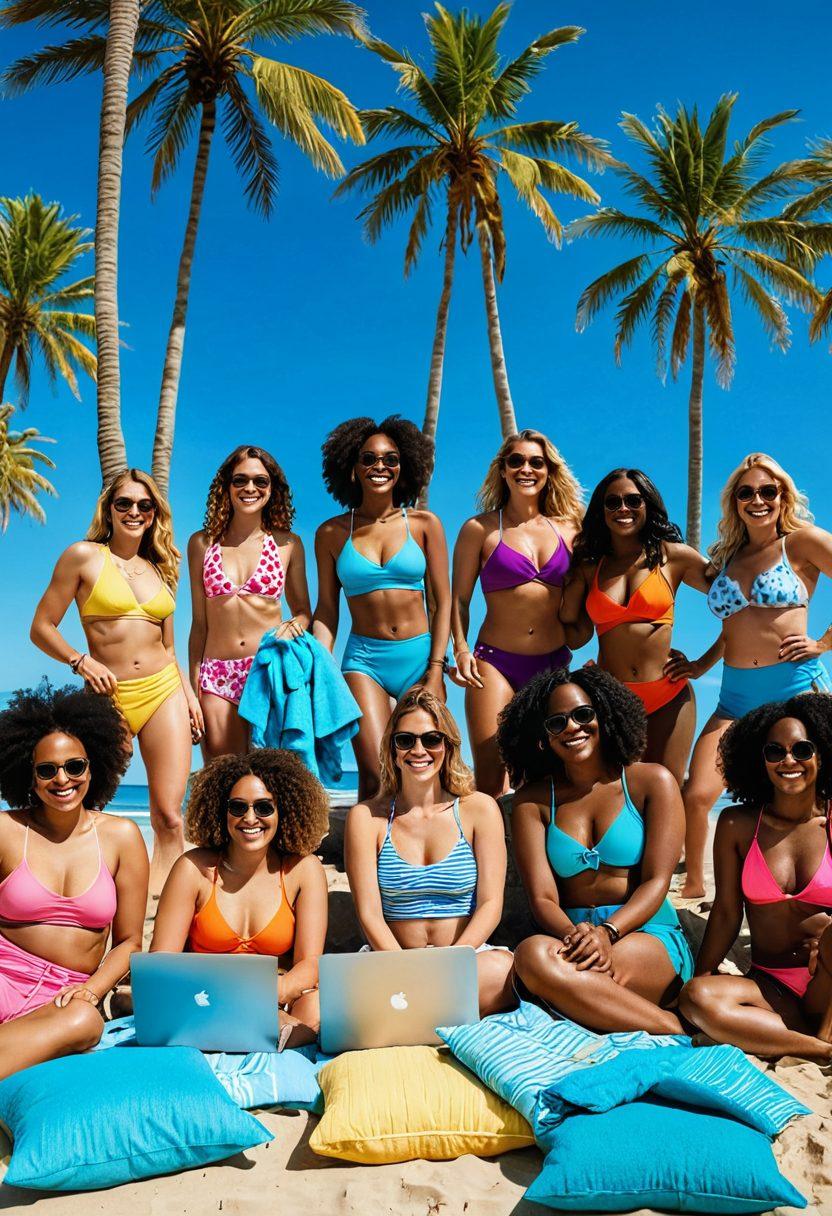 A vibrant beach scene featuring diverse individuals joyfully participating in an online workshop about bikini education and body positivity. Lively colors and smiling faces highlight confidence, with laptops and beach essentials scattered around. The backdrop includes palm trees and a clear blue sky to evoke a sunny, uplifting atmosphere. Illustrate a sense of community and empowerment through aesthetically pleasing elements. colorful illustration. bright and cheerful style.
